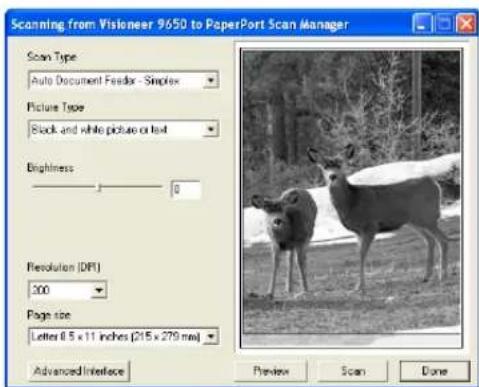 Scanning from Visioneer 9650 to PaperPort Scan Manager Scan Type Auto Document Feeder - Simplex Picture Type Block and white picture or text Brightness 0 Resolution (DFI) 300 Page size Letter 0.5 x 11 inches (215 x 279 mm) Advanced Interface Preview Scan Done