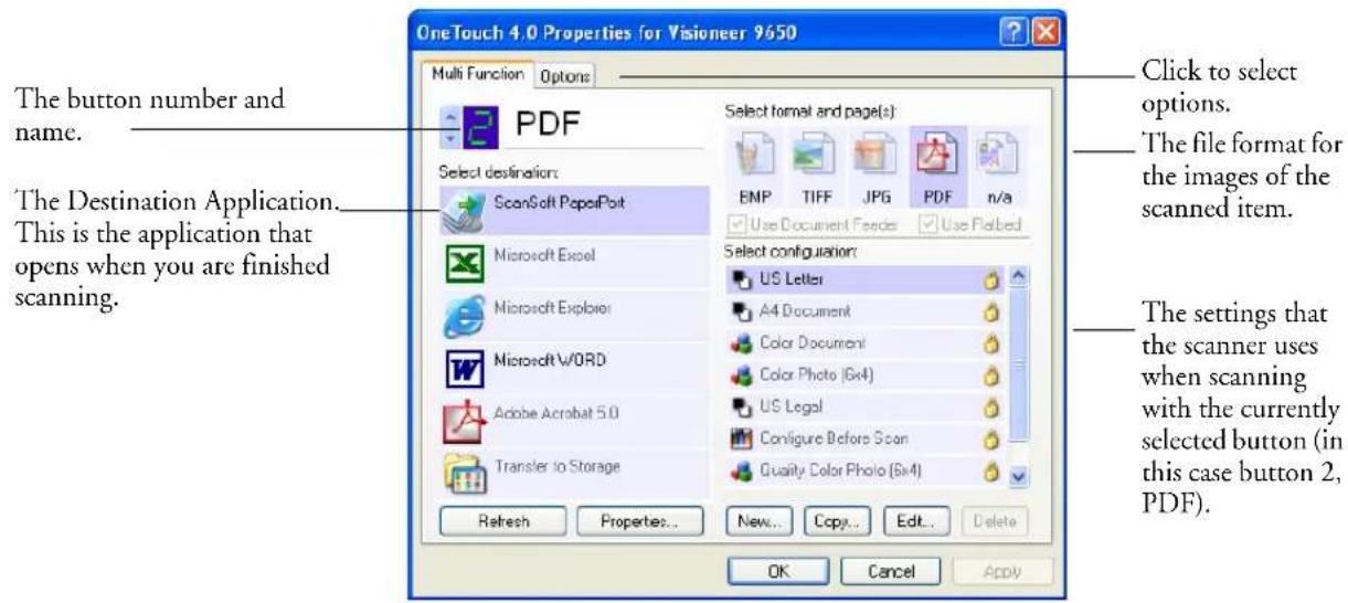 OneTouch 4.0 Properties for Visioner 9650 Multi Function Options The button number and name. The Destination Application. This is the application that opens when you are finished scanning. Select destination: ScanSoft PaperPort Microsoft Excel Microsoft Explorer Microsoft WORD Adobe Acrobat 5.0 Transfer to Storage Refresh Properties... New... Copy... Edit... Delete Select format and page(s): EMP TIFF JPG PDF n/a Use Document Feeder Use Deleted Select configuration: US Letter A4 Document Color Document Color Photo (5x4) US Legal Configure Before Scan Quality Color Photo (5x4) Click to select options. The file format for the images of the scanned item. The settings that the scanner uses when scanning with the currently selected button (in this case button 2, PDF). OK Cancel Apply