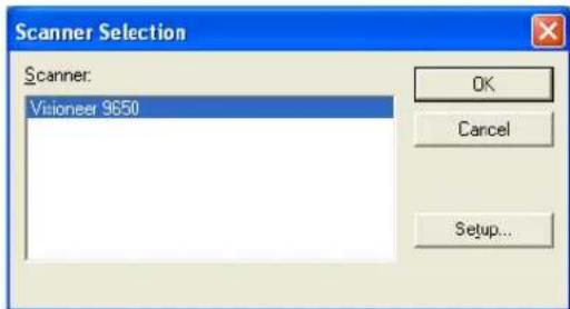 Scanner Selection Scanner: Visioner 9650 OK Cancel Setup...