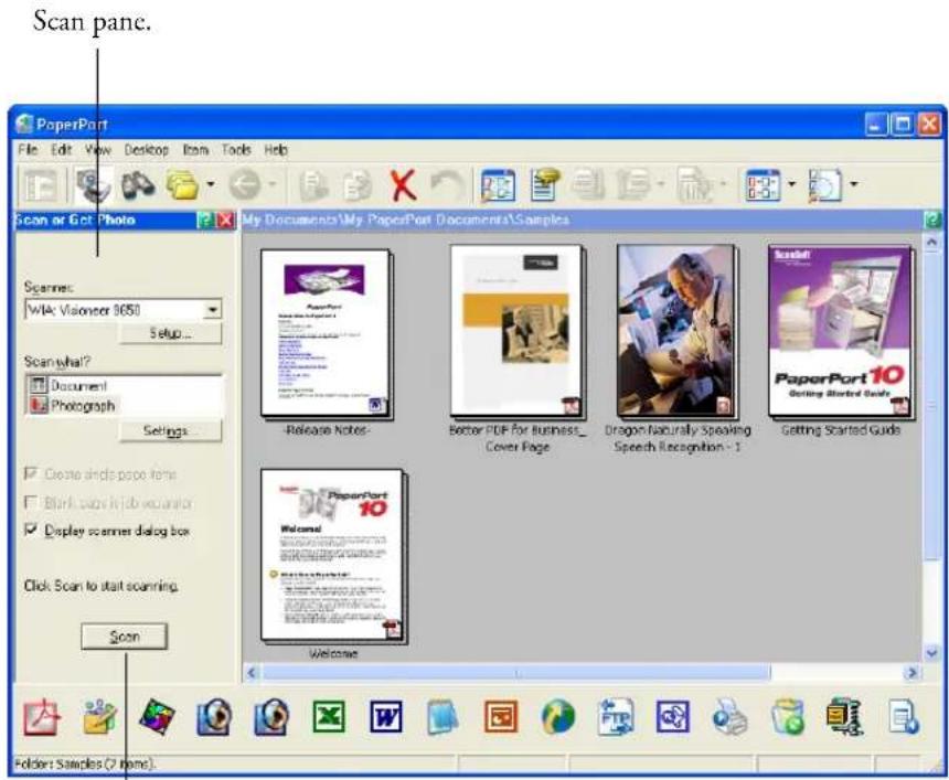 Scan pane. File Edit View Desktop Item Tools Help Scan or Get Photo My Documents\My PaperPort Documents\Samples Scan: Wik Visioner 3650 Setup... Scan what? Document Photograph Settings... Create clips photo items Blank clips in job scanner Display scanner dialog box Click Scan to start scanning. Scan Release Notes Better PDF for Business_ Cover Page Dragon Naturally Speaking Speech Recognition - 1 Getting Started Guide PaperPort 10 Welcome Folder: Samples (7 items)