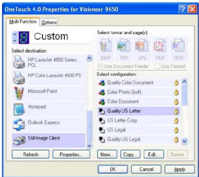 OneTouch 4.0 Properties for Visioneer 9650 Multi Function Options Custom Select destination: HP LaserJet 4050 Series PCL HP Color LaserJet 4500 PS Microsoft Paint Noepad Outlook Express Still Image Client Refresh Properties... Select lormal and page(s): BMP TIFF JPG PDF OCR Use Document Feeder Use Flabed Select configuration: Quality Color Document Color Photo (5x4) Color Document Quality US Letter US Letter Copy US Legal Quality US Legal New... Copy... Edit... Delete OK Cancel Apply