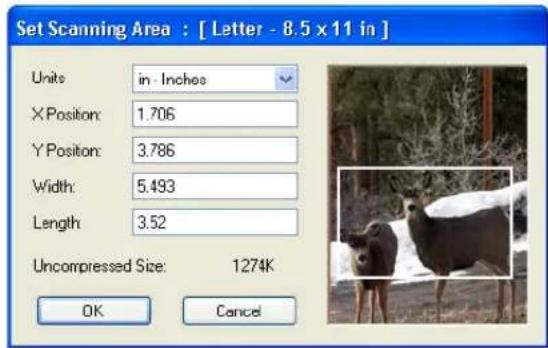 Set Scanning Area : [ Letter - 8.5 x 11 in ] Units: in-Inches X Position: 1.706 Y Position: 3.786 Width: 5.493 Length: 3.52 Uncompressed Size: 1274K OK Cancel