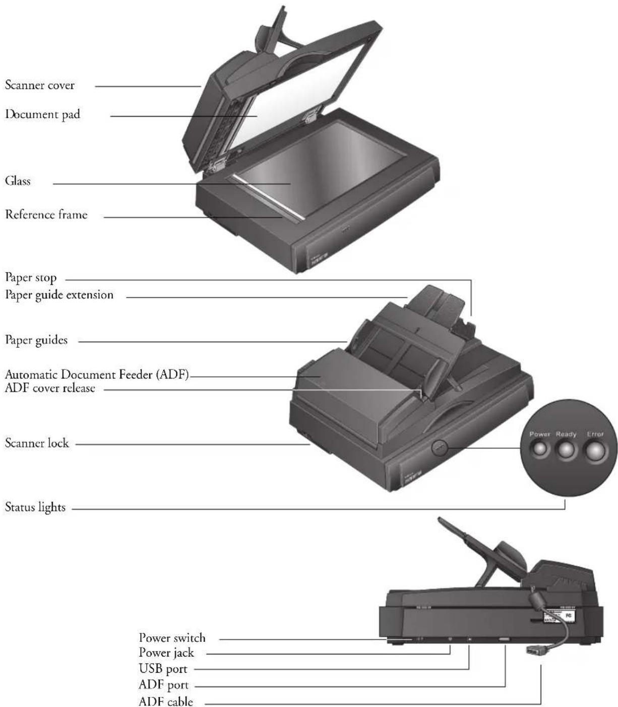 Scanner cover Document pad Glass Reference frame Paper stop Paper guide extension Paper guides Automatic Document Feeder (ADF) ADF cover release Scanner lock Status lights Power switch Power jack USB port ADF port ADF cable