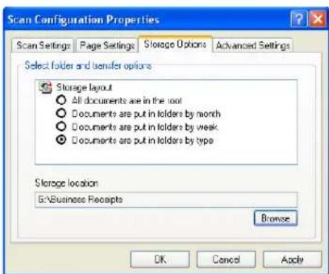 Scan Configuration Properties Scan Settings Page Settings Storage Options Advanced Settings Select folder and transfer options Storage layout All documents are in the root Documents are put in folders by month Documents are put in folders by week Documents are put in folders by type Storage location &\Business Receipts Browse OK Cancel Apply