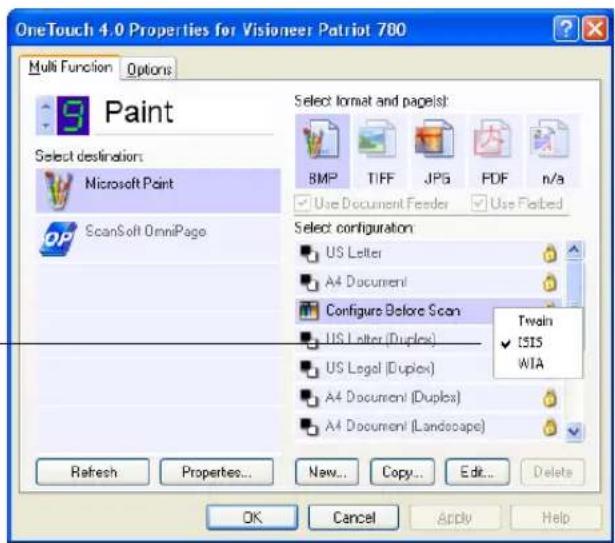 OneTouch 4.0 Properties for Visioneer Patriot 780 Multi Function Options Paint Select destinations Microsoft Paint ScanSoft OmniPage Select format and page(s): BMP TIFF JPG PDF n/a Use Document Feeder Use Paired Select configuration US Letter A4 Document Configure Before Scan US Letter (Duplex) US Legal (Duplex) A4 Document (Duplex) A4 Document (Landscapes) Twin ISIS WTA Refresh Properties... New... Copy... Edit... Delete OK Cancel Apply Help