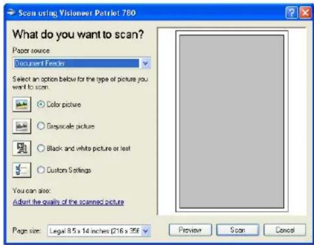 Scan using Visioneer Patriot 780 What do you want to scan? Paper source Document FreeTier Select an option below for the type of picture you want to scan. Color picture Greyscale picture Black and white picture or text Custom Settings You can also: Adjust the quality of the scanned picture Page size: Legal 8.5 x 14 inches (216 x 356) Preview Scan Cancel