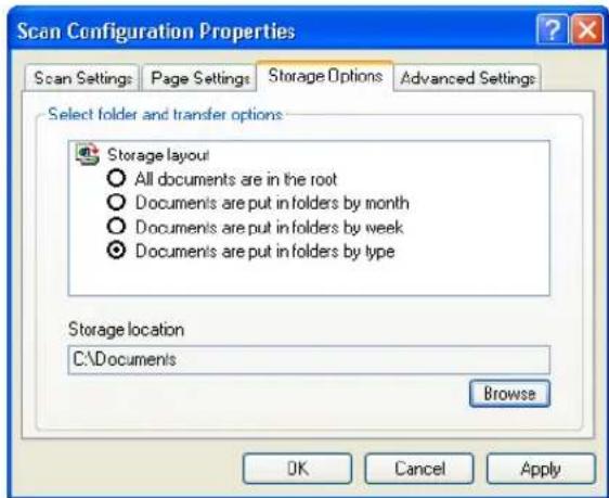 Scan Configuration Properties Scan Settings Page Settings Storage Options Advanced Settings Select folder and transfer options Storage layout All documents are in the root Documents are put in folders by month Documents are put in folders by week Documents are put in folders by type Storage location C:\Documents Browse OK Cancel Apply