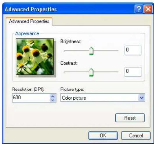 Advanced Properties Advanced Properties Appearance Brightness: 0 Contrast: 0 Resolution (DPI): 600 Picture type: Color picture Reset OK Cancel