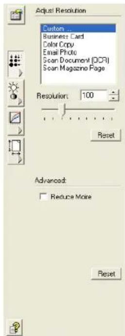 Adjust Resolution Custom... Business Card Color Copy Email Photo Scan Document (OCR) Scan Magazine Page Resolution: 100 Reset Advanced: Reduce More Reset