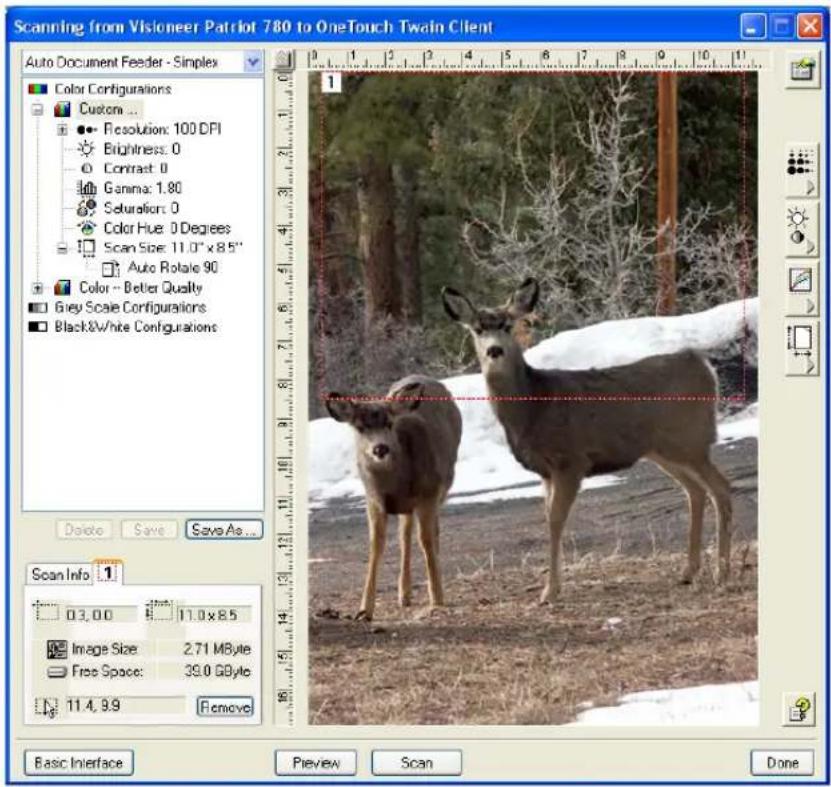 Scanning from Visioneer Patriot 780 to OneTouch Twain Client Auto Document Feeder - Simplex Color Configurations Custom ... Resolution: 100 DPI Brightness: 0 Contract: 0 Gamma: 1.80 Saturation: 0 Color Hue: 0 Degrees Scan Size: 11.0" x 8.5" Auto Rotate 90 Color - Better Quality Grey Scale Configurations Black&White Configurations Delete Save Save As... Scan Info 1 03.00 11.0 x 8.5 Image Size: 2.71 MByte Free Space: 39.0 GByte 11.4.9.9 Remove Basic Interface Preview Scan Done