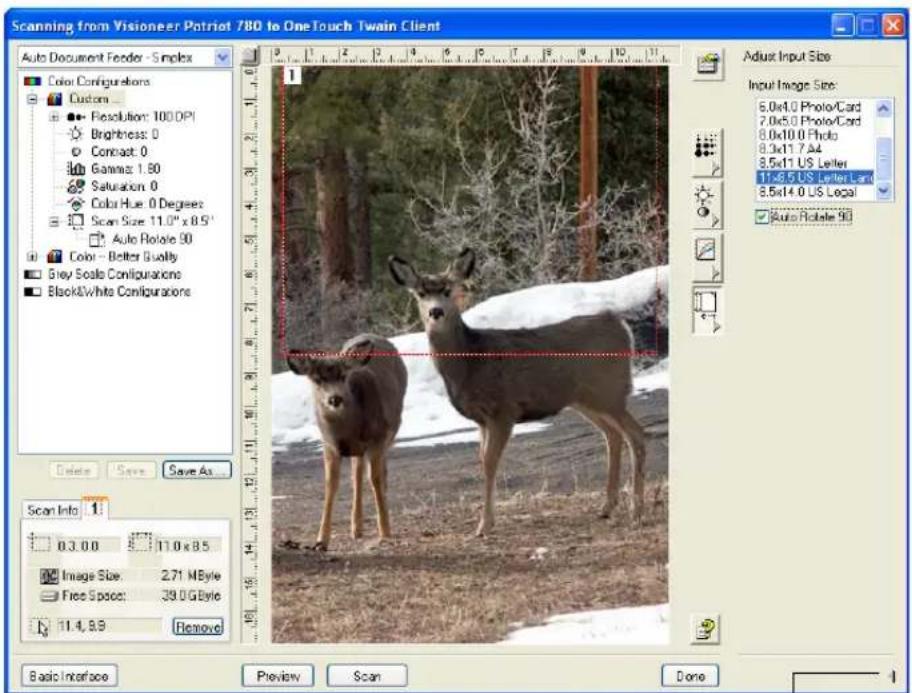 Scanning from Visioneer Patriot 780 to One Touch Twain Client Auto Document Feeder - Simplex Color Configurations Customs Resolution: 100 DPI Brightness: 0 Contrast: 0 Gamma: 1.80 Saturation: 0 Color Hue: 0 Degrees Scan Size: 11.0" x 8.5" Auto Rotate 90 Color - Better Quality Grey Scale Configurations Black&White Configurations Editator Save Save As Scan Info 1 0.3.0.0 11.0 x 8.5 Image Size: 2.71 MByte Free Space: 39.0 GByte 11.4, 8.9 Remove Adjust Input Size Input Image Size: 6.0x4.0 Photo/Card 7.0x5.0 Photo/Card 8.0x10.0 Photo 8.3x11.7 A4 8.5x11 US Letter 11x8.5 US Letter Land 8.5x14.0 US Local Auto Rotate 90 Basic Interface Preview Scan Done