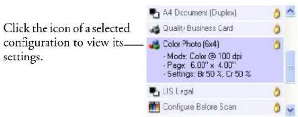 Click the icon of a selected configuration to view its— settings. A4 Document (Duplex) Quality Business Card Color Photo (6x4) - Mode: Color @ 100 dpi - Page: 6.00" x 4.00" - Settings: Br 50 %, Cr 50 % US Legal Configure Before Scan