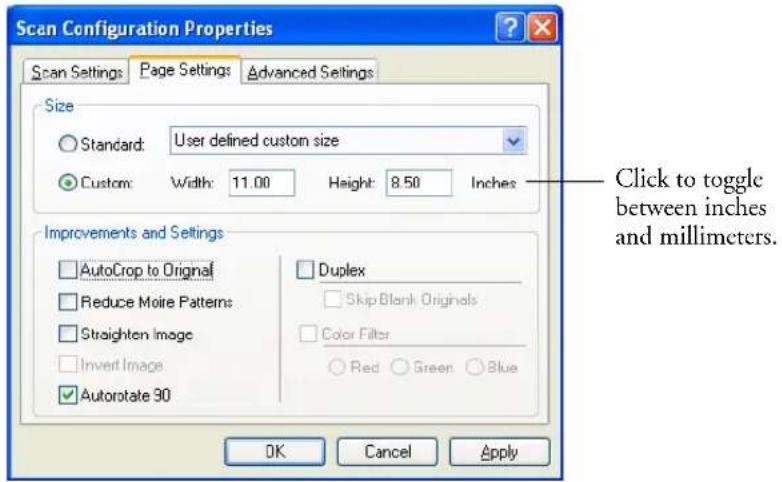 Scan Configuration Properties Scan Settings Page Settings Advanced Settings Size Standard: User defined custom size Custom: Width: 11.00 Height: 8.50 Inches Improvements and Settings AutoCrop to Original Reduce Moire Patterns Straighten Image Invert Image Autorate 90 Duplex Skip Blank Originals Color Filter Red Green Blue OK Cancel Apply Click to toggle between inches and millimeters.