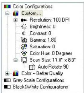 Color Configurations Custom... Resolution: 100 DPI Brightness: 0 Contrast: 0 Gamma: 1.80 Saturation: 0 Color Hue: 0 Degrees Scan Size: 11.0" x 8.5" Auto Rotate 90 Color -- Better Quality Grey Scale Configurations Black&White Configurations