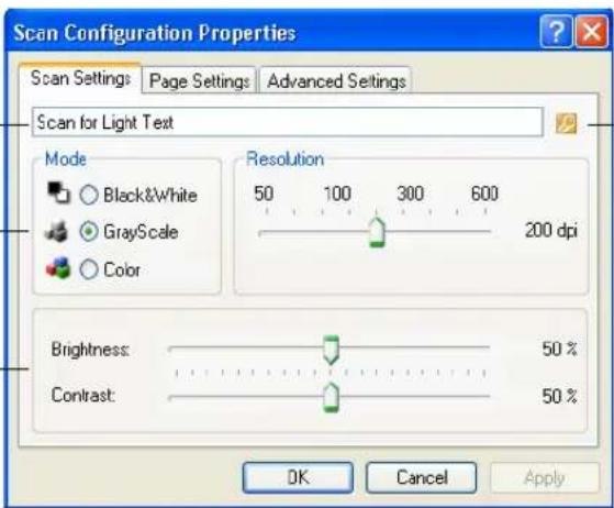 Scan Configuration Properties Scan Settings Page Settings Advanced Settings Scan for Light Text Mode Resolution 50 100 300 600 200 dpi Black&White GrayScale Color Brightness: 50% Contrast: 50% OK Cancel Apply