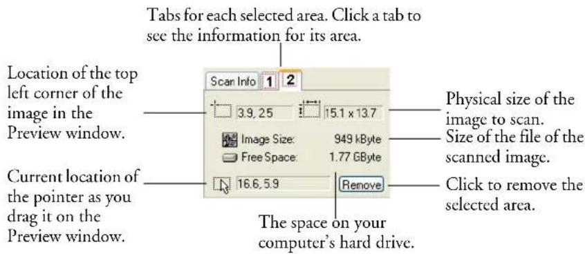 Tabs for each selected area. Click a tab to see the information for its area. Location of the top left corner of the image in the Preview window. Current location of the pointer as you drag it on the Preview window. Scan Info 1 2 3.9, 25 15.1 x 13.7 Image Size: 949 kByte Free Space: 1.77 GByte 16.6, 5.9 Remove The space on your computer's hard drive. Physical size of the image to scan. Size of the file of the scanned image. Click to remove the selected area.