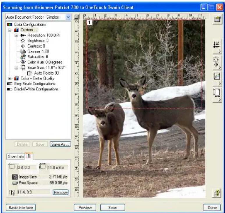 Scanning from Visioneer Patriot 780 to OneTouch Twain Client Auto Document Feeder Simplex Color Configurations: Custom... Resolution: 100 DPI Brightness: 0 Contrast: 0 Gamma: 1.80 Saturation: 0 Color Hue: 0 Degrees Scan Size: 11.0"x 8.5" Auto Polate 90 Color - Better Quality Grey Scale Configurations Black&White Configurations Delete Save Save As... Scan Info 0.3.0.0 8.... 11.0x8.5 Image Size: 2.71 MByte Free Space: 39.0 GByte 11.4.9.9 Remove Basic Interface Preview Scan Done