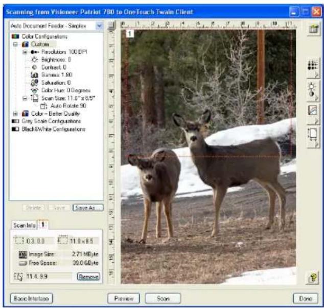 Scanning from Visiloneer Patriot 780 to OneTouch Twain Client Auto Document Feeder - Simplex Color Configurations Custom Resolution: 100 D/F1 Brightness: 0 Contrast: 0 Rainmax: 1.80 Saturation: 0 Color Hues: 0.0 degrees Scan Size: 11.0" x 0.5" Auto Rotate 90 Color - Better Quality Grey Scale Configurations Black/White Configurations Delete Save Save As Scan Info: 03.00 11.0 x 8.5 Image Size: 2.71 MByte Tree Space: 39.0 GByte 11.4.9.9 Remove Basic Interface Preview Scan Done