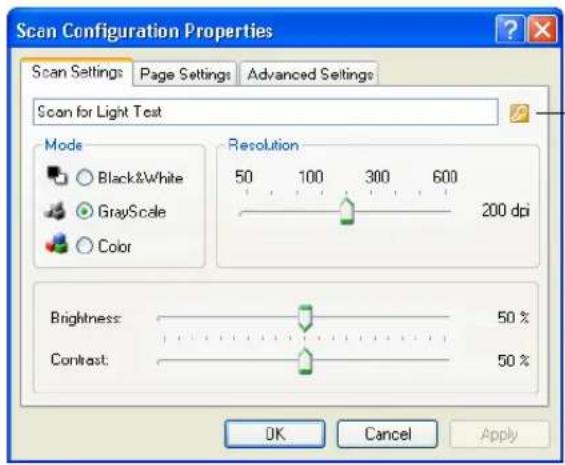 Scan Configuration Properties Scan Settings Page Settings Advanced Settings Scan for Light Test Mode Black&White GrayScale Color Resolution 50 100 300 600 200 dpi Brightness: 50 % Contrast: 50 % OK Cancel Apply