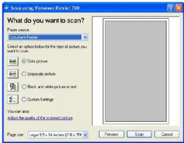 Scan using Visioner Patriot 780 What do you want to scan? Paper source Document Feeder Select an option below for the type of picture you want to scan. Color picture Gray-scale picture Black and white picture or text Custom Settings You can also: Adjust the quality of the scanned picture Page size: Legal 8.5 x 14 inches (216 x 356) Preview Scan Cancel