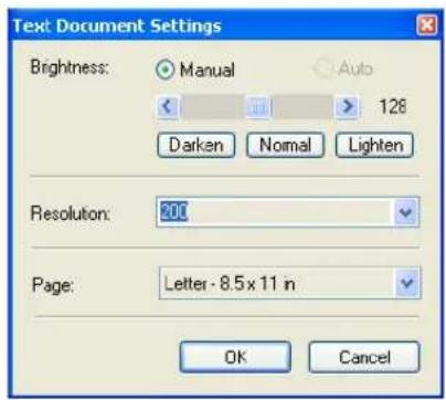 Text: Document Settings Brightness: Manual Auto 128 Darken Normal Lighten Resolution: 0.0 Page: Letter - 8.5 x 11 in OK Cancel