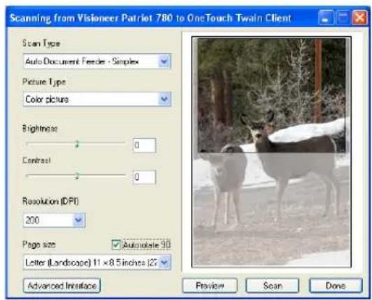 Scanning from Visioneer Patriot 780 to OneTouch Twain Client Scan Type Auto Document Feeder - Simplex Picture Type Color picture Brightness 0 Contrast 0 Resolution (DPI) 200 Page size AutoIsolate 50 Letter (Landscape) 11 x 8.5 inches 127 Advanced Interface Preview Scan Done