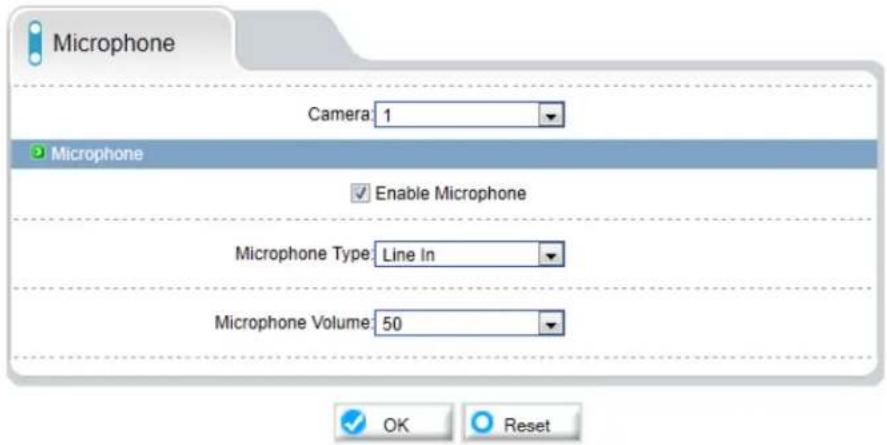 Microphone Camera 1 Microphone Enable Microphone Microphone Type: Line In Microphone Volume: 50 OK Reset
