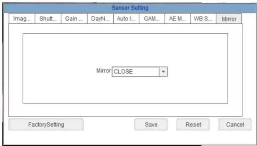 Sensor Setting Imag... Shut... Gain ... DayN... Auto I... GAM... AE M... WB S... Mirror Mirror CLOSE FactorySetting Save Reset Cancel