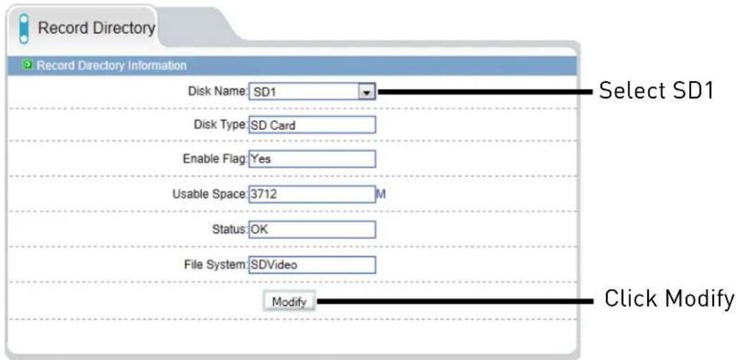 Record Directory Record Directory Information Disk Name: SD1 Disk Type: SD Card Enable Flag: Yes Usable Space: 3712 M Status: OK File System: SDVideo Modify Select SD1 Click Modify