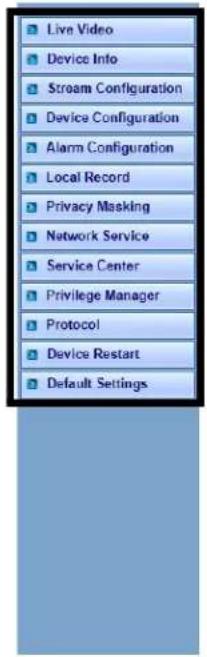 Live Video Device Info Stream Configuration Device Configuration Alarm Configuration Local Record Privacy Masking Network Service Service Center Privilege Manager Protocol Device Restart Default Settings