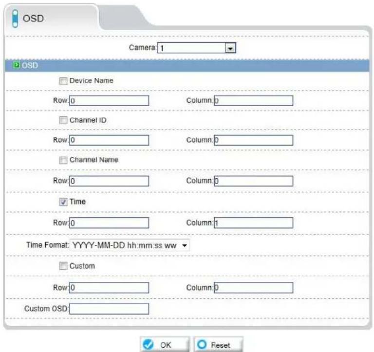 OSD Camera: 1 OSD Device Name Row:0 Column:0 Channel ID Row:0 Column:0 Channel Name Row:0 Column:0 Time Row:0 Column:1 Time Format: YYYY-MM-DD hh:mm:ss ww Custom Row:0 Column:0 Custom OSD: OK Reset