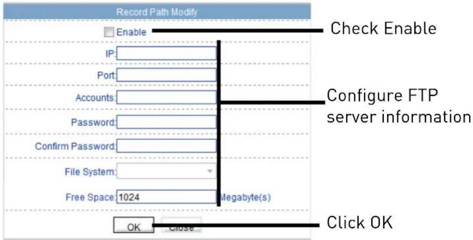 Record Path Modify Enable IP: Port: Accounts: Password: Confirm Password: File System: Free Space: 1024 Megabyte(s) Check Enable Configure FTP server information Click OK OK Close