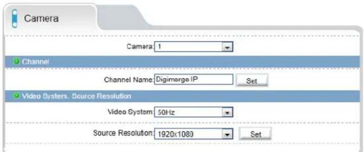 Camera Camera: 1 Channel Channel Name: Digimerge IP Set Video System. Source Resolution Video System: 50Hz Source Resolution: 1920x1080 Set