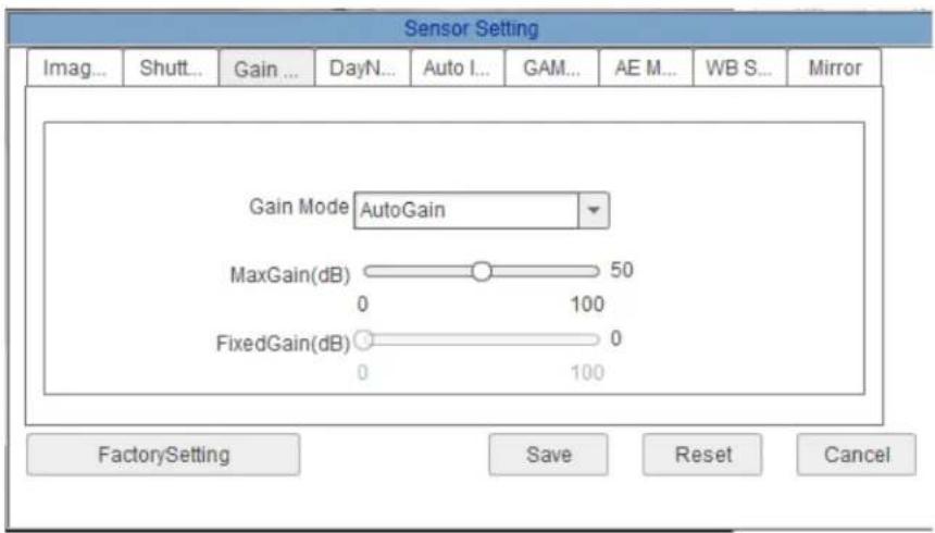 Sensor Setting Imag... Shut... Gain ... DayN... Auto I... GAM... AE M... WB S... Mirror Gain Mode AutoGain MaxGain(dB) 50 0 100 FixedGain(dB) 0 0 100 FactorySetting Save Reset Cancel