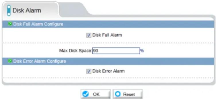 Disk Alarm Disk Full Alarm Configure Disk Full Alarm Max Disk Space 90 % Disk Error Alarm Configure Disk Error Alarm OK Reset