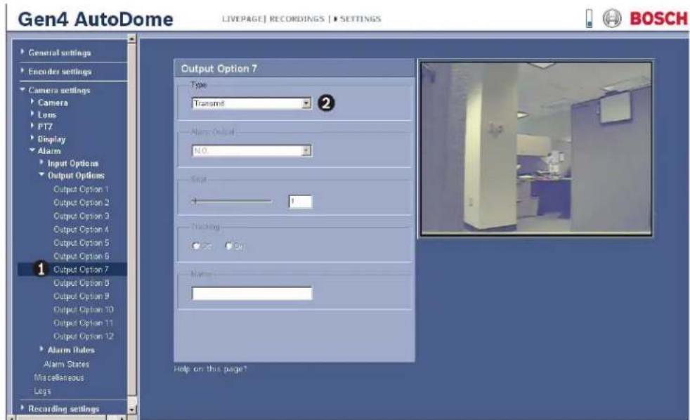 Gen4 AutoDome LIVEPAGE | RECORDINGS | SETTINGS General settings Encoder settings Camera settings Camera Lens PT7 Display Alarm Input Options Output Options: Output Option 1 Output Option 2 Output Option 3 Output Option 4 Output Option 5 Output Option 6 Output Option 7 Output Option 8 Output Option 9 Output Option 10 Output Option 11 Output Option 12 Alarm Rules Alarm States Miscellaneous Legs Recording settings Output Option 7 Type: Transmit Alarm Output: N.O. Start + - Nicking: - - Name: Help on this page? BOSCH