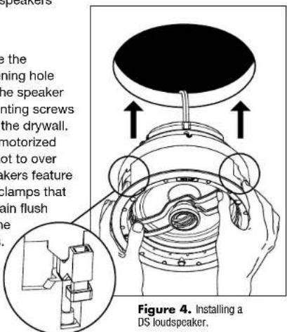 the ning hole the speaker nting screws the drywall. motorized not to over makers feature clamps that tain flush the Figure 4. Installing a DS loudspeaker.