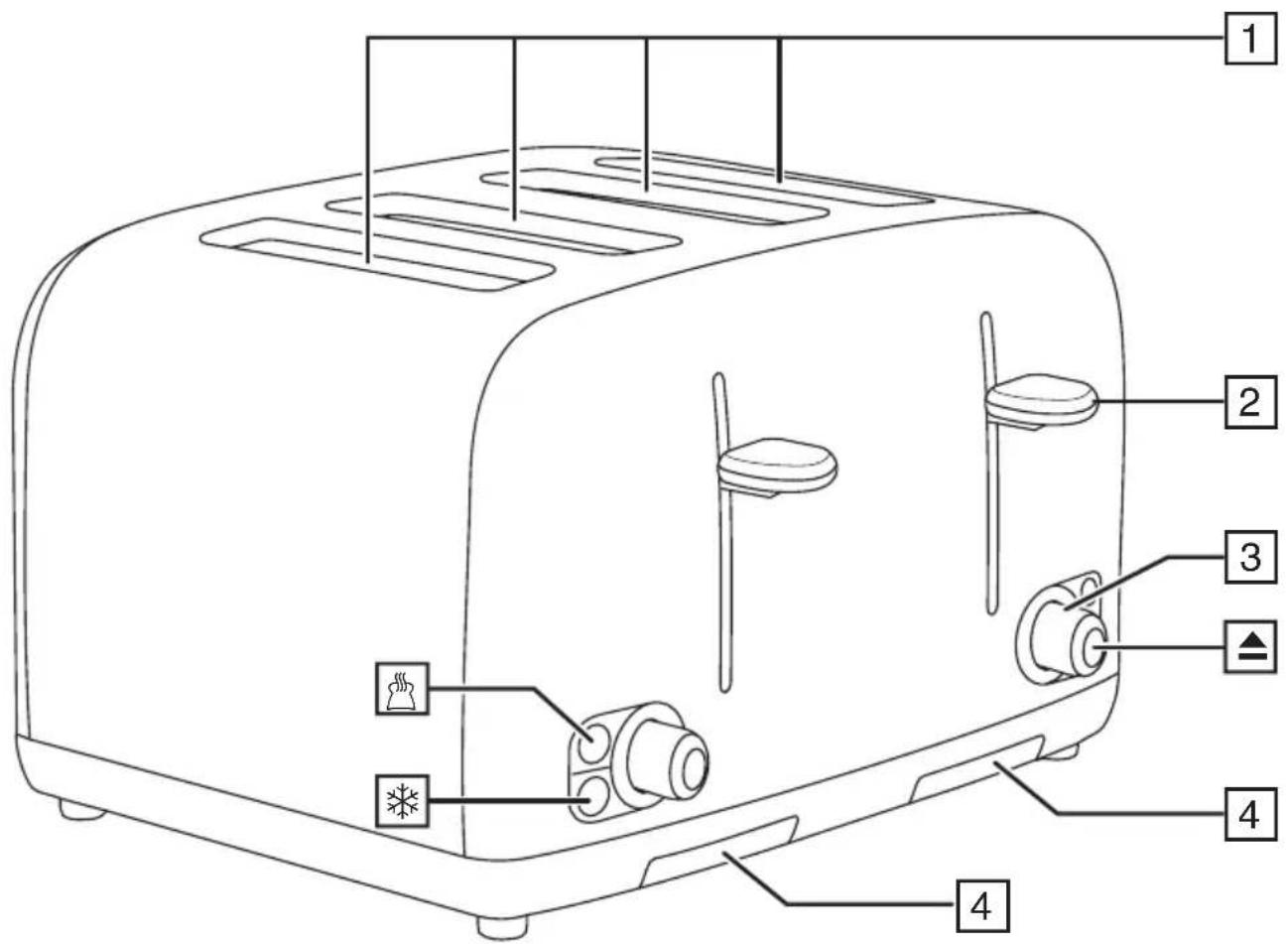 Labeled diagram of a toaster with numbered parts including handle, cooling fan, and alarm button