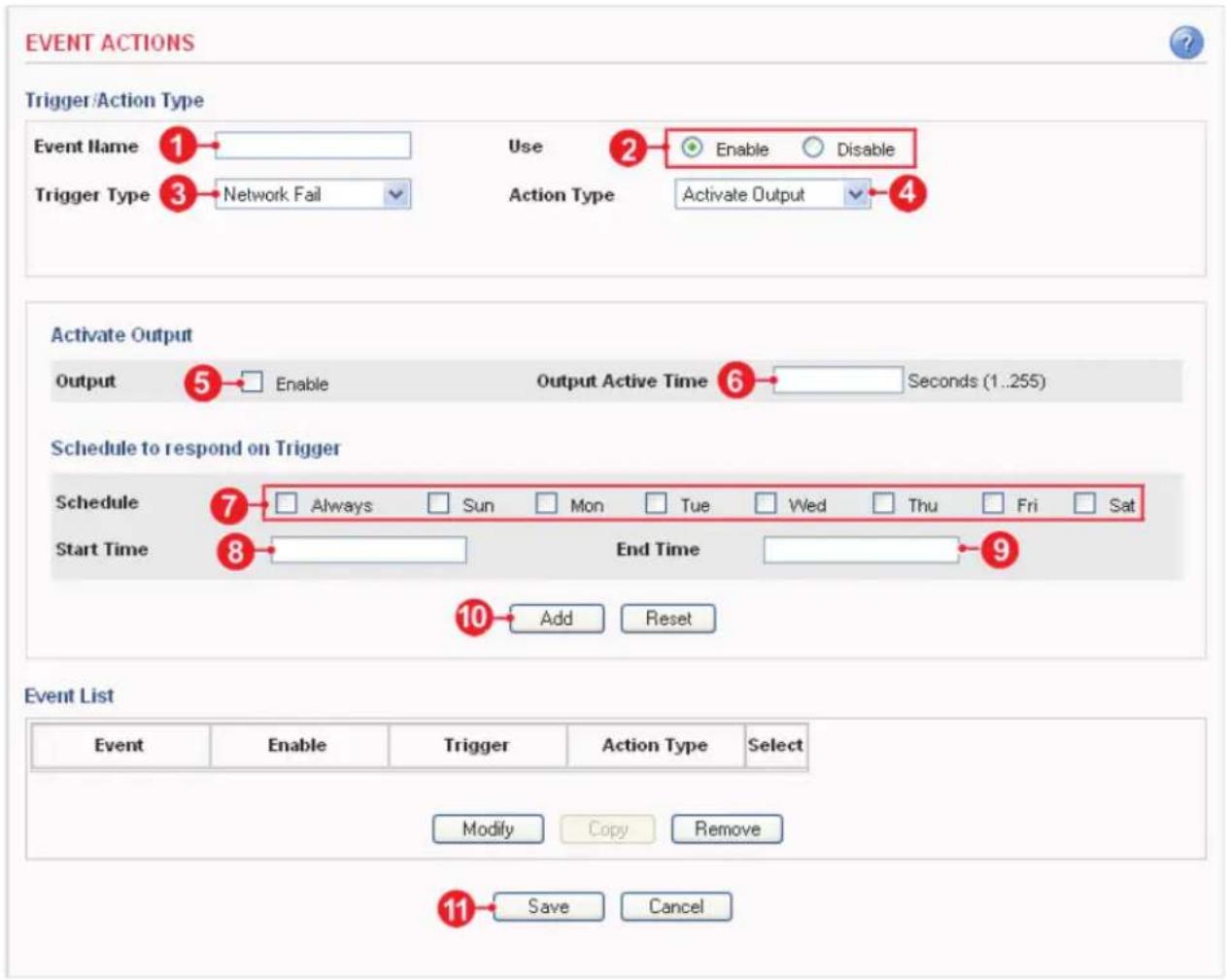 KT&C KNC-LDi40 - Action configuration for [Network Fail + Activate Output] - 1