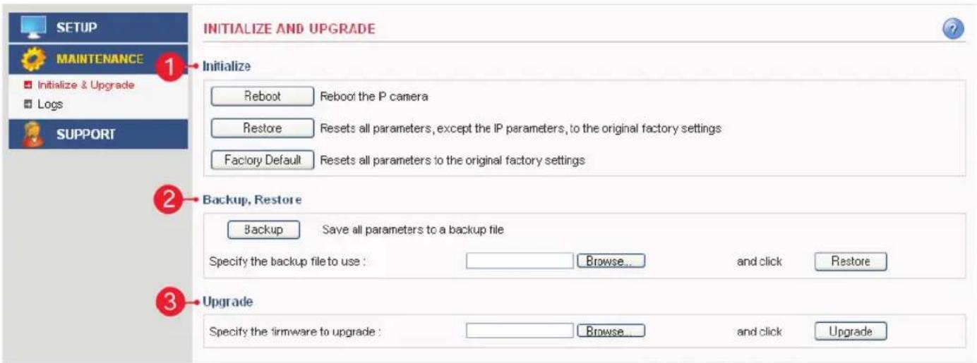 SETUP MAINTENANCE Initialize & Upgrade Logs SUPPORT INITIALIZE AND UPGRADE 1 Initialize Reboot Reboot the P camera Restore Resets all parameters, except the IP parameters, to the original factory settings Factory Default Resets all parameters to the original factory settings 2 Backup, Restore Backup…