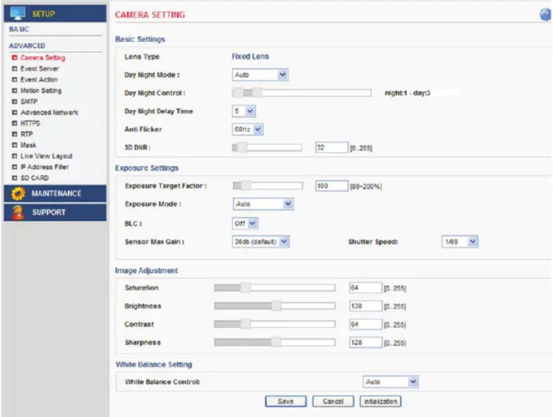 CAMERA SETTING BASIC ADVANCED Camera Setting Event Server Event Action Motion Setting SMTP Advanced Network HTTPS RTP Mask Live View Layout IP Address Filter SD CARD MAINTENANCE SUPPORT Camera Basic Settings Lens Type Fixed Lens Day Night Mode : Auto night:1 - day:3 Day Night Control : 5 Day Night D…