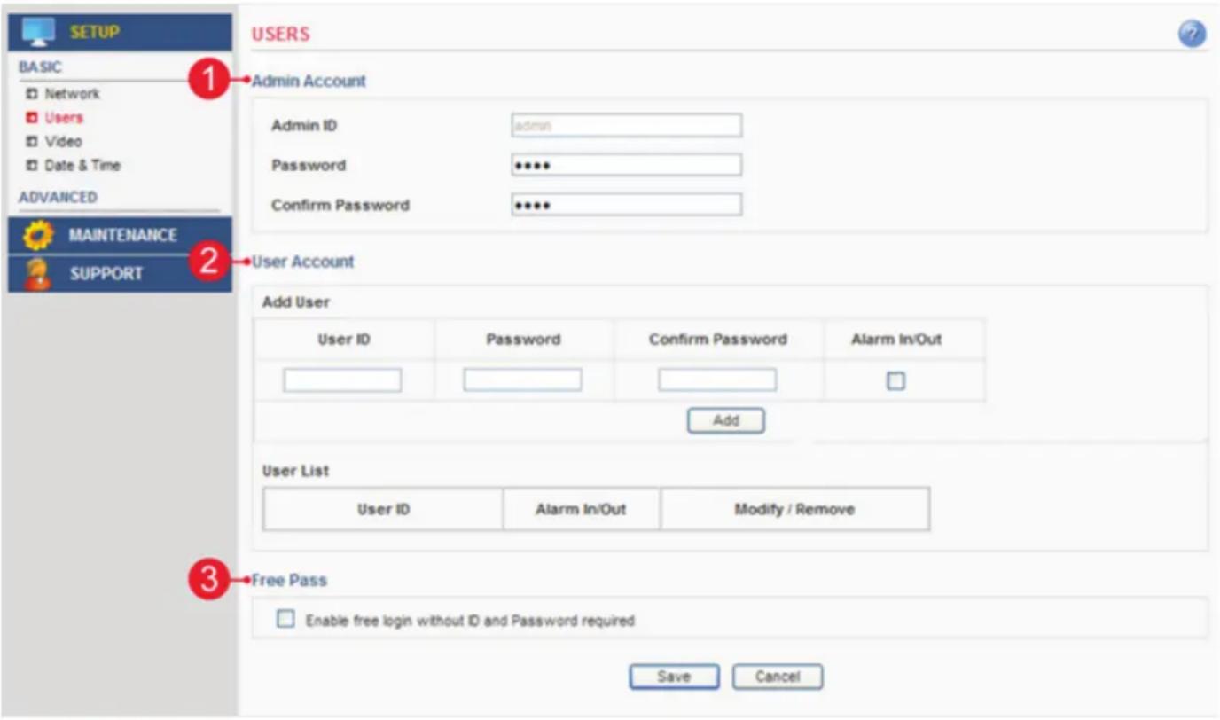 BASIC Network Users Video Date & Time ADVANCED MAINTENANCE SUPPORT 1 2 USERS Admin Account Admin ID admin Password **** Confirm Password **** User Account Add User User ID Password Confirm Password Alarm In/Out Add User List User ID Alarm In/Out Modify / Remove 3 Free Pass Enable free login without…