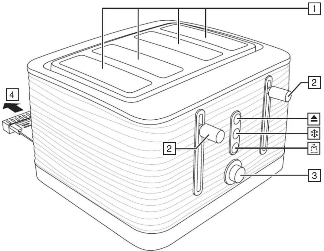 Technical diagram of a toaster with labeled parts including tray, handle, and control buttons