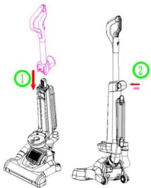 Technical diagram showing two views of a vacuum cleaner with labeled parts and directional arrows indicating motion or assembly.