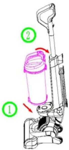 Diagram of a vacuum cleaner with labeled parts and directional arrows indicating motion or movement.