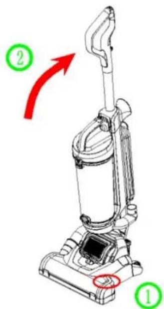 Diagram of a vacuum cleaner with labeled parts and directional arrow, showing component positioning