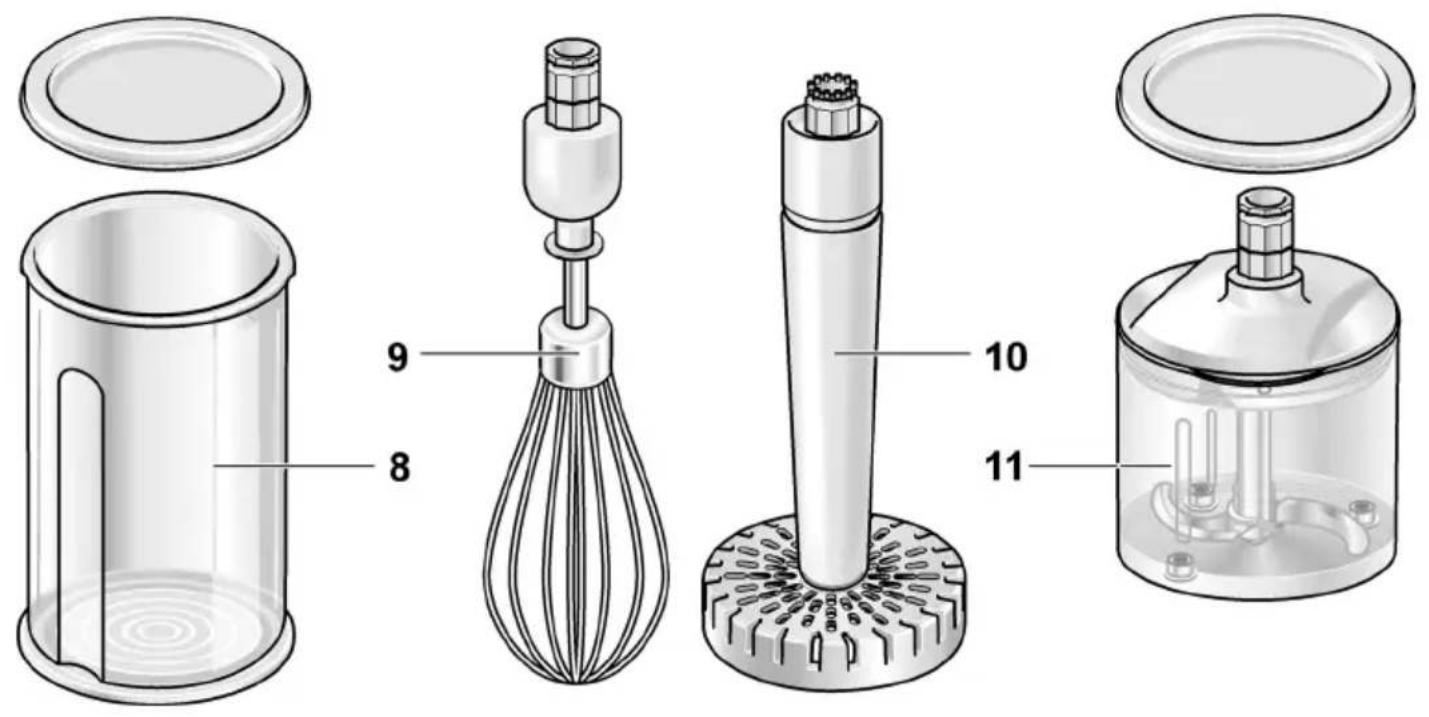 Technical diagram of a cleaning or cleaning device with labeled parts including a lid, container, whisker, and base components.
