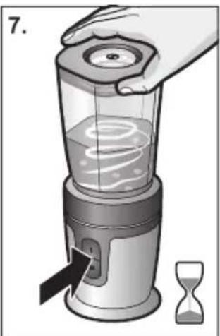 Illustration of a hand using a blender to dispense liquid into a container, with an hourglass nearby (no text or symbols)