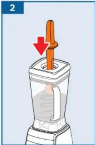 Illustration of a blender with a wooden stick and red arrow indicating downward motion (no text or symbols).