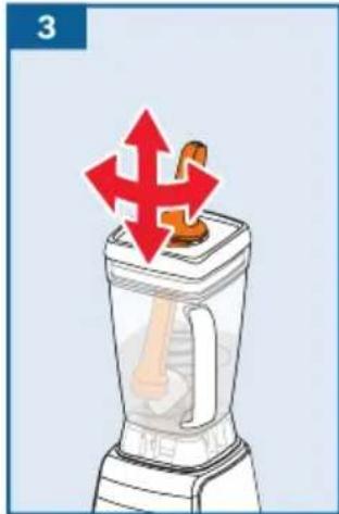 Illustration of a blender with a red arrow and a small object on top, no text or symbols present.